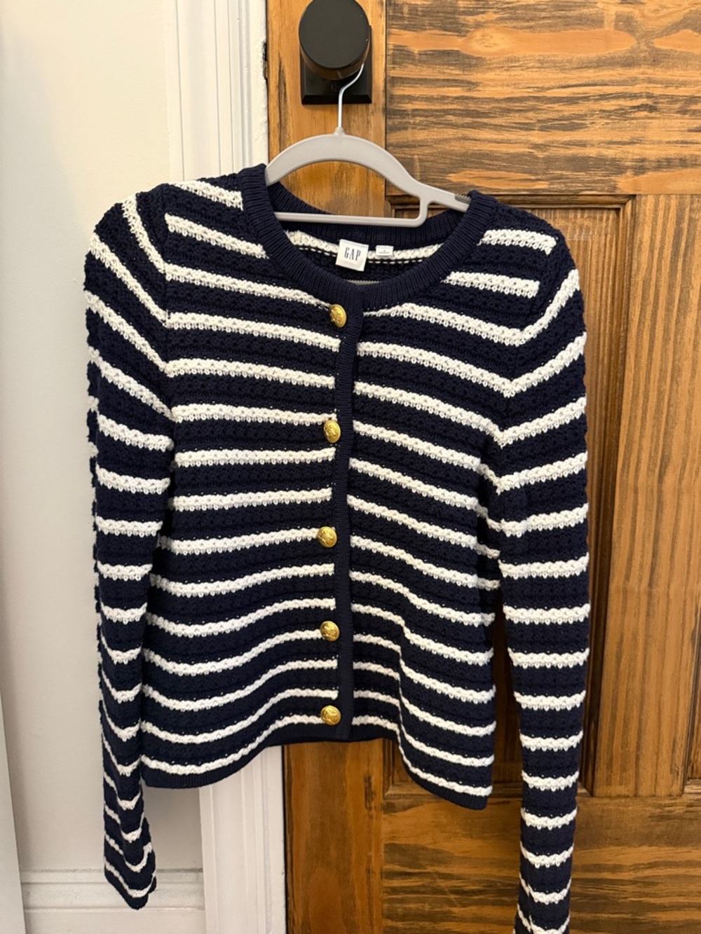 GAP Navy & White Striped Button Cardigan with Gold Buttons